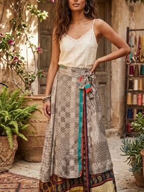 Recycled Silk Blend Long Maxi Wrap Skirt Free Size Floral Gold Gypsy Boho